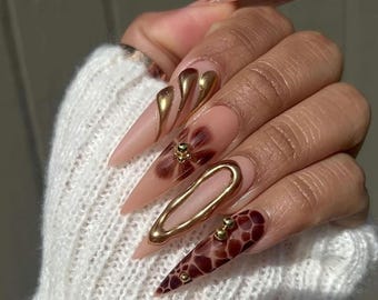 Luxury Brown Marble Press On Nails, Elegant Fake Nails for Fall, Autumn Nails, White Accents and Gold 3D Floral Nials, Brown Nails