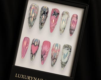 Y2K Heart Butterfly Press On Nails, Pink Silver Chrome Design, Handmade 3D Nail Charms, Cute Glitter Acrylic Nails Set, Aesthetic Style