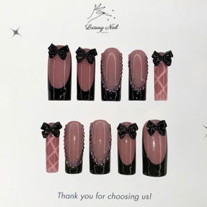 Pink & Black French Long Square Nails – Handmade Nails with 3D Bow, Rhinestone Accents, Elegant Nail Set Gift for Sophisticated Women
