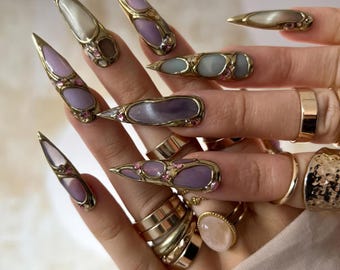 Luxury Glitter Press On Nails, Gold Lined Cat Eye Nail Art with Rhinestones, Handmade Elegant Nails for Prom, Sparkly Party Nail Set