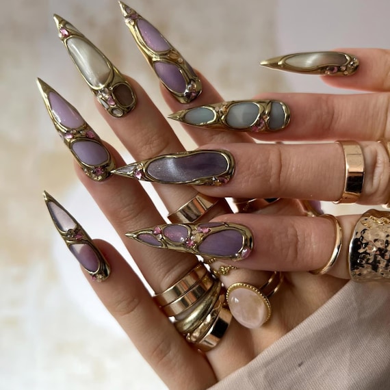 Luxury Glitter Press On Nails, Gold Lined Cat Eye Nail Art with Rhinestones, Handmade Elegant Nails for Prom, Sparkly Party Nail Set