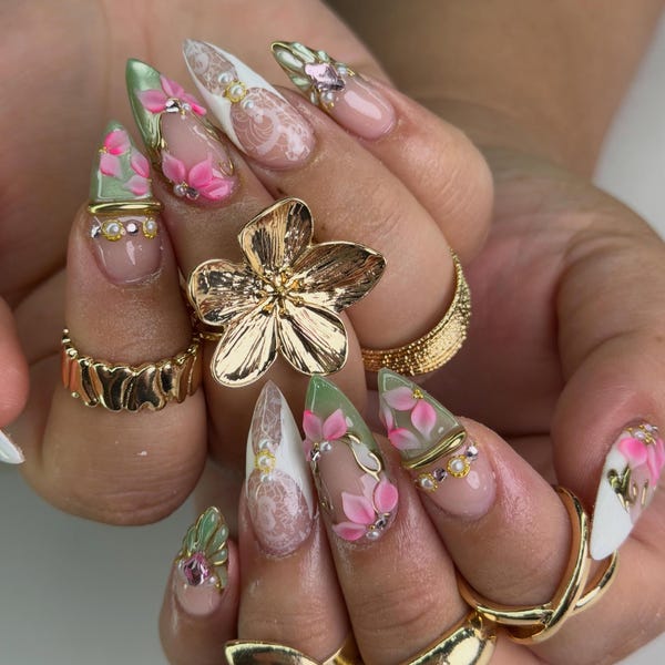 Spring Garden Luxury Botanical 3D Pink Floral Lace Press On Nails | Green French Tip Gold Almond Fake Nails | Wedding Garden Party Nail Art