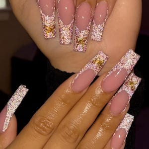 Bling French Tip Nails | Handmade Glitter Press On Nails | Elegant Long Coffin French Nail Art | Pink Bling Nails