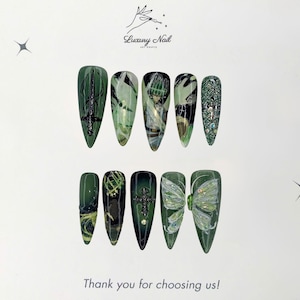 Green Warrior Anime Press-On Nails – Handmade Black Demon Sword & Cross Nail Art with 3D Butterfly, Cosplay Look or Unique Gift for Her