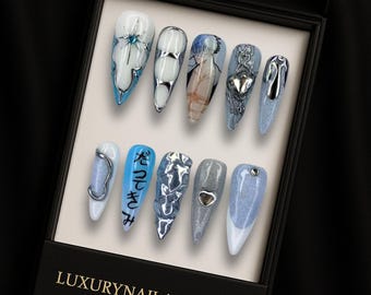 Sexy Warrior Press On Nails | Anime Inspired Blue White Nail Art | Rhinestone Water Theme Nails | Elegant Handmade Artistic Manicure