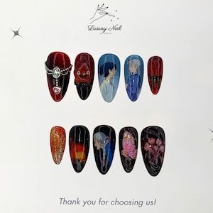 Anime Inspired Press-On Nails Ho.wl – So.phi.a Cute Ice & Fire Nail Art Set, Celebrating the Beauty of Love, Handmade Blue, Black Accents