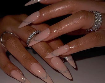 Long Stiletto Bling French Tip Press on Nails with Pink Line, Sturdy, False Fake Press on Nails, Classy Soft Pink