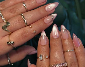 Galaxy Pink Blush Glittery French Cat eye Nails | Reusable Press on Nails | Fairy Almond nails | Minimalist Style Nails |  French Tip Nails