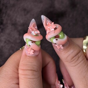 Snake and Cherry Blossom Handmade Press On Nails, Reusable Elegant Nail Art Gift for Women, Unique Symbolic Design for Gift Giving image 3