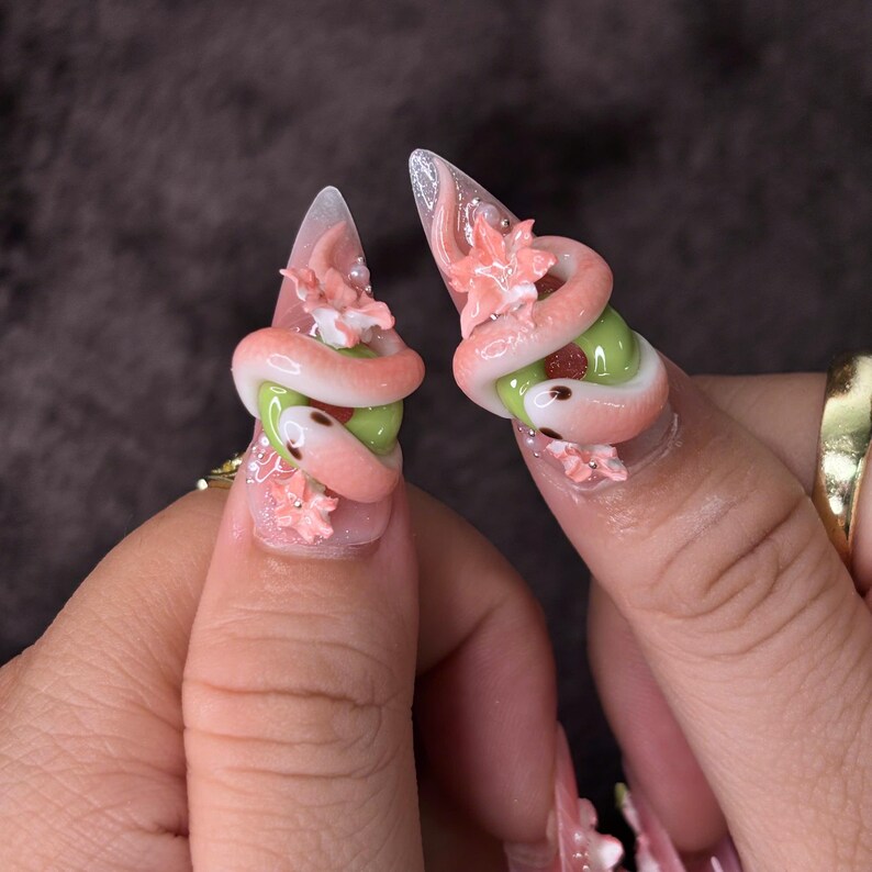 Snake and Cherry Blossom Handmade Press On Nails, Reusable Elegant Nail Art Gift for Women, Unique Symbolic Design for Gift Giving image 3