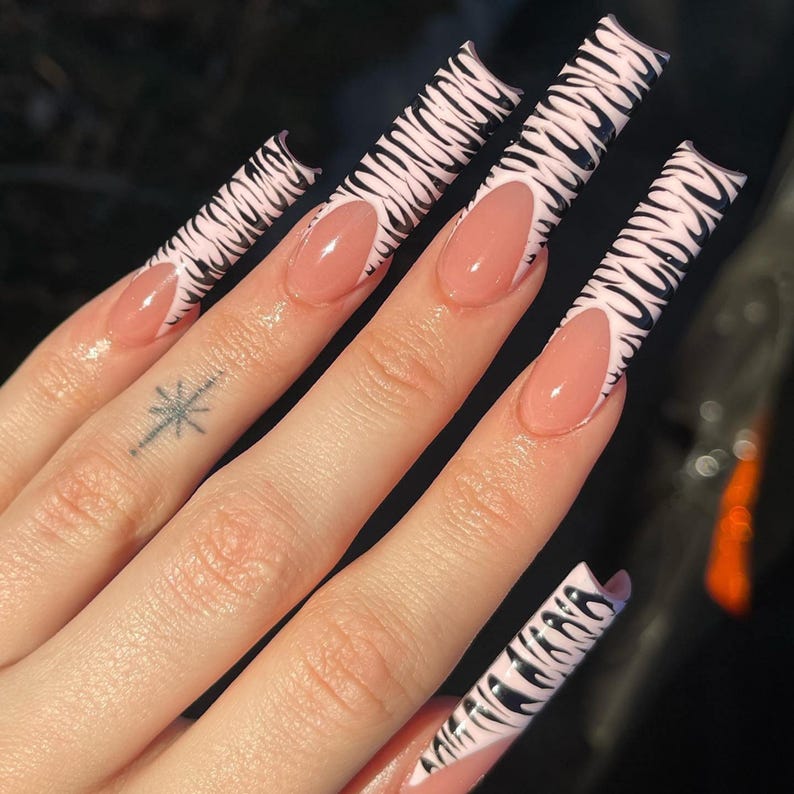 Zebra Print French tips press ons | Square XL press ons | Black Leopard Press Ons | XL press ons | Zebra Y2K Nail Art | Fake False Nails image 4