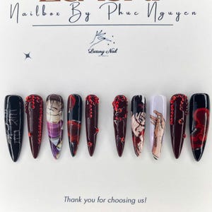 Choso Blood Artistry Nail Set – Handmade Press-On Nails Inspired by Anime Warrior with Red and Black Swirls for a Bold and Unique Look, Gift