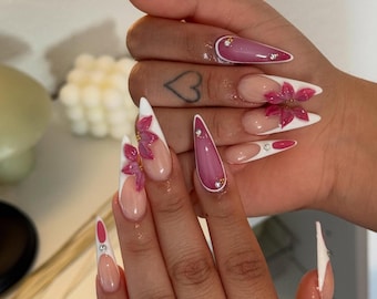 3D Orchid Press On Nails, Elegant Flower French Tips, Pink Stiletto Press On Nails, 3D Flower, Custom Nails