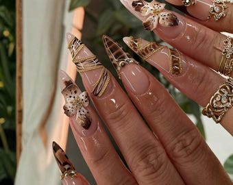 Luxury Leopard Press On Nails – Handmade 3D Flower & Gold Chain Nail Art, Long Stiletto Design, Glamorous Reusable Nails for Fashion Look