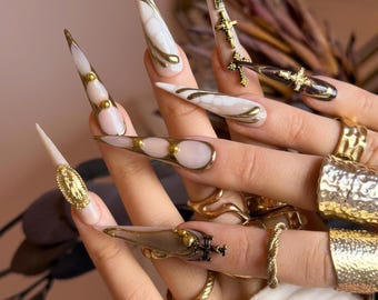 Uñas postizas de lujo en marrón otoñal / Degradado moca, carey y detalles de estrellas / Juego de uñas hecho a mano