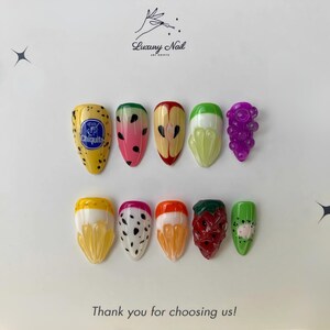 Cute Colorful Fruit Fake Nails - Grapefruit Strawberry Handmade Nails, Suitable for Daily Manicure, Fresh, Cute, Summer Gift or Gift for Her