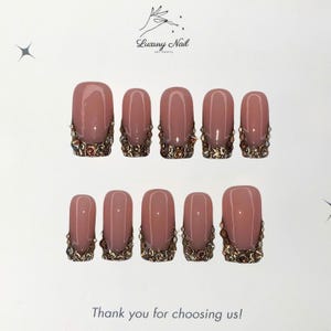 Pink Gold Nails with Rhinestones – Handmade Pink Fake Nails with Gold Glitter Tips & Gems, Elegant Press-Ons, Perfect Festive Gift for Her