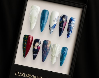 Royal Assassin Anime Press On Nails | Blue And White Gel Nails | Handmade Fantasy Gothic Nail Art | Elegant Anime Nails Aesthetic Set