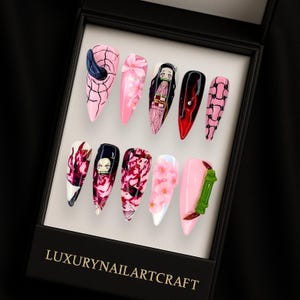 Uñas largas con forma de ataúd de Kiii.iimets N0 Ya.iba Ka.mado Nezuk0, uñas de anime, uñas de Demon Slayer hechas a mano, uñas postizas Nezuko