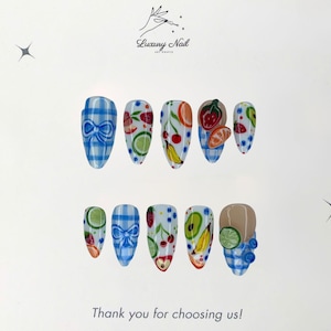 Picnic Vibe Fruit Press On Nails – Handmade Green White Nails with Cute Picnic Fruits & Bow Accents – Outdoor Style or Unique Gift for Her