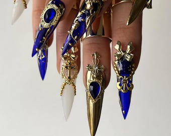 Uñas postizas verde esmeralda, diseño de uñas 3D con lámina dorada y pedrería, uñas elegantes hechas a mano para fiestas de lujo, juego de uñas real