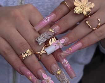 Press On Nails Petalia With Orchird | 3D Floral Fake Nails in Long Square | Handmade Spring Nail Art for Holiday, Vacation, Birthday