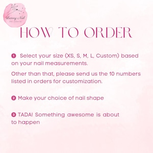 May include: A pink and white graphic with the text "Luxury Nail Art Crafts" and "HOW TO ORDER". Instructions include selecting a size, choosing a nail shape, and a final step that says "Something awesome is about to happen".