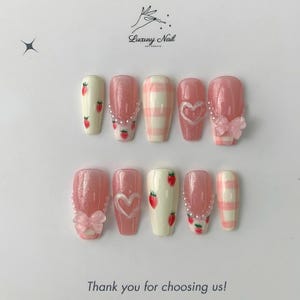 Cute Pink Bow, Strawberry and Heart Pattern Fake Nails, Long Coffin Shape Craft Art - Suitable for Daily Nail Style or as Cute Gift for Her