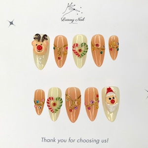 Cute 3D Reindeer Bear Christmas Press On Nails Handmade with Rainbow Heart, Holiday Winter Nail Art, Perfect Christmas Gift, snowflake nails