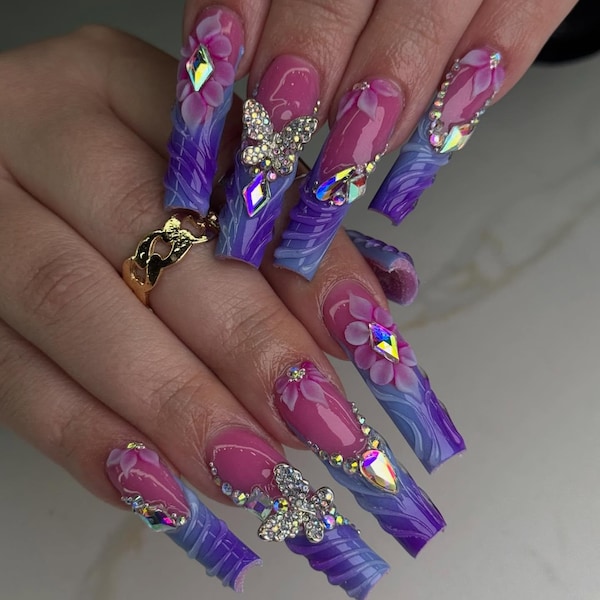 3D Butterfly & Flower Ombre Press On Nails | Pink Purple Textured Bling Coffin Fake Nails | Luxury Y2K Fairycore Birthday Event Nail Art
