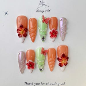 Sweet 3d Red Flower and Butterfly Nails, Handmade Nails, Red Flowers, Butterflies and Water Drops - Perfect for Summer Nails, Gift for Her