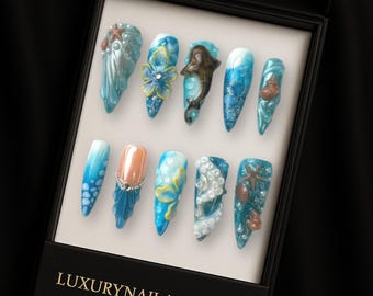 Ongles à presser 3D fleur de baleine – Art d'ongles fait main créature de l'océan, thème marin de l'été, design coquillage bleu brillant, joli lot d'ongles réutilisables