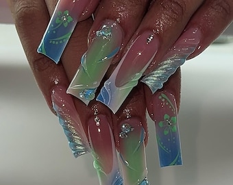 Baby Blue Blooming Press On Nails: 3D Gel Nail Art, Gold Beads, Handmade Blue French Nails, Long Square Nails