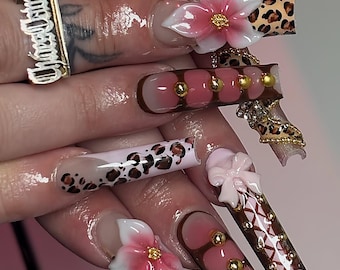 Luxury Long Square Press On Nails | Red Brown Gold Nails | 3D Rose Floral Nail Art | Leopard Pearl Charm Press Ons | Leopard Luxury Glam Set