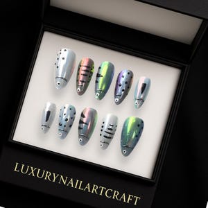 Gray Fish Pattern Press-On Nails: Handmade Ocean Inspired Design, Acrylic False Nails Set, Unique Underwater Nail Art, Summer Beach Nails