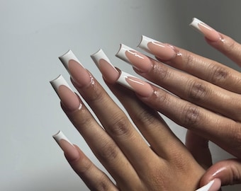 White French Tip Press On Nails: Elegant Square Fake Nails, White & Pink Floral Nail Art, Long Square Handmade Luxury Set