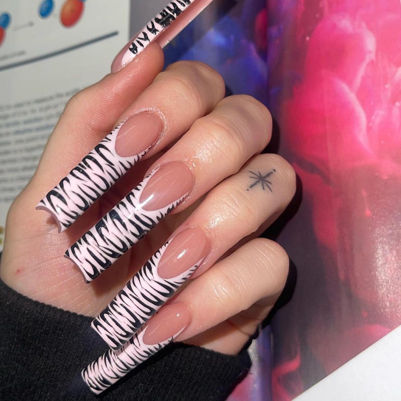 Zebra Print French tips press ons | Square XL press ons | Black Leopard Press Ons | XL press ons | Zebra Y2K Nail Art | Fake False Nails image 2
