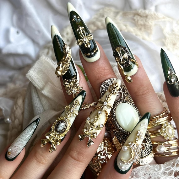 Milky Emerald Green Press On Nails, 3D Charm Nail Art with Gold Cross Design, Handmade Elegant Nails for Royal Party, Luxury Set