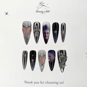 Vergil Devil Y2K Anime Nails – Handmade Pink Heart & 3D Cross Fake Nails, Gothic Press On Nails, Unique Holiday Gift for Her or Anime Fans