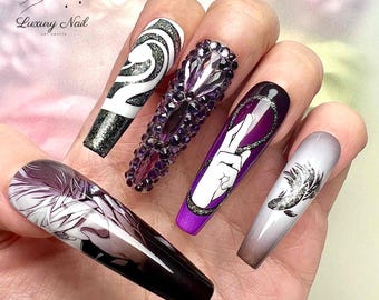 Anime Press-On Nail Set – Purple and Black Gojo Inspired Design, Handmade 3D Manga Nail Art, Gothic Y2K Anime Nails, Trendy Acrylic Set