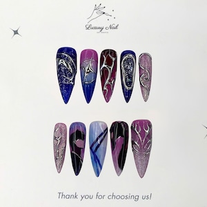 Popular Shadow Monarch Inspired Press-On Nails, Dark Fantasy Purple-Blue Design with Intricate Character Art, Handmade Anime Gel Nails