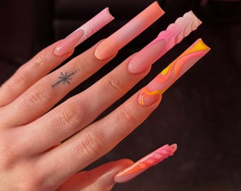 Tropical 3D Press On Nails |Pink Orange Floral Tips Nail Art |Vibrant Ombre Fake Nails | Summer Press Ons |3D Swirl Nails