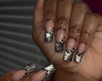 Safari French Press auf den Nägeln | Leopard & Zebra Muster Mix | Trendige lange quadratische Press-Ons | Kleber auf den Nägeln | Benutzerdefinierte Drücken Sie auf die Nägel | Täglicher Nagel