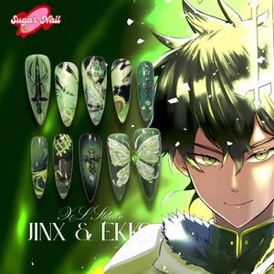 Green Fantasy Press-On Nails, Anime-Inspired Gel Nail Set, Mystic Wind Design with Magical Aesthetic, Handmade Gel Nails with Magical Vibes