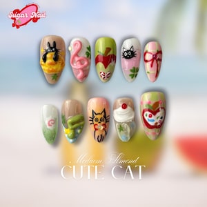 Relax Time with Cake, Bow & Cat Press On Nails | Tea Party Nail Set, Almond Nails | Kawaii Spring Nails | Cute 3D Handmade Nail Art