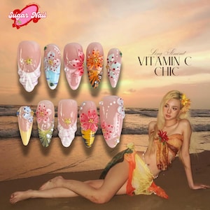 Handmade Tropical Nail Art | Colorful Summer Press Ons | Floral Nail Tips Handmade | |Vacation Floral Nail Set |Colorful Nails