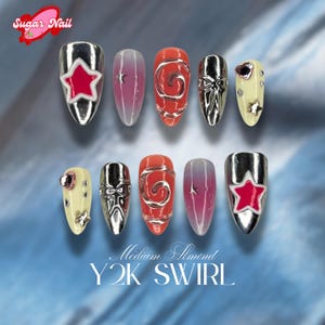 May include: A set of ten almond-shaped artificial nails with a Y2K swirl design. The nails feature silver chrome accents, red stars, and a gradient of colors including pink, orange, and yellow. The text "Y2K SWIRL" is visible.