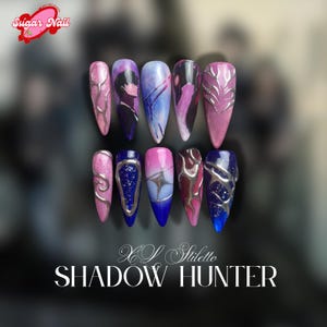 Shadow Hunter Press-On Nails, Dark Fantasy Purple-Blue Design with Intricate Character Art, Handmade Anime-Inspired Gel Nails, Gift for Her