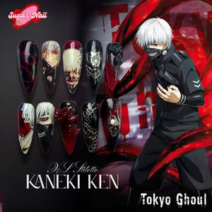 White Rebirth Press-On Nails, T0ki0 Ghoul-Inspired Design with Red, White & Black Details, Handmade Anime Gel Nails for Fans, Gift for Her