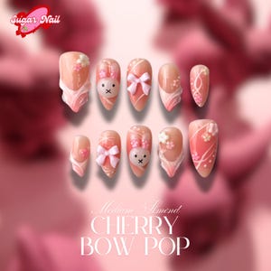3D Bunny, Strawberry Press On Nails, Handmade Cute Pink Fake Nails with Bows, Hearts & Floral Details, Spring Nails, Kawaii Gift for Her